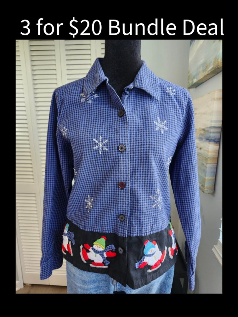 🚨 Gingham Christmas Button Up size MP Black & Blue Top Holiday